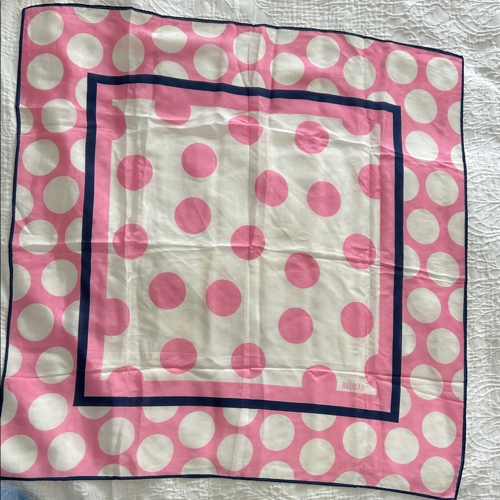 Large Vintage Bill Blass Pink and White Polka Dot Scarf